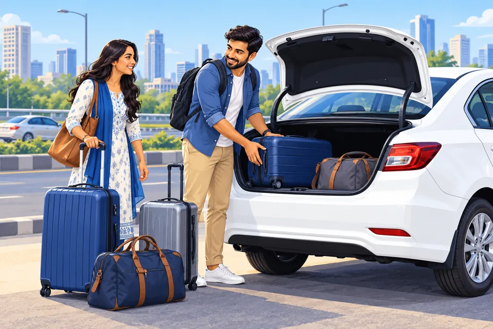 Travellers with luggage beside a taxi